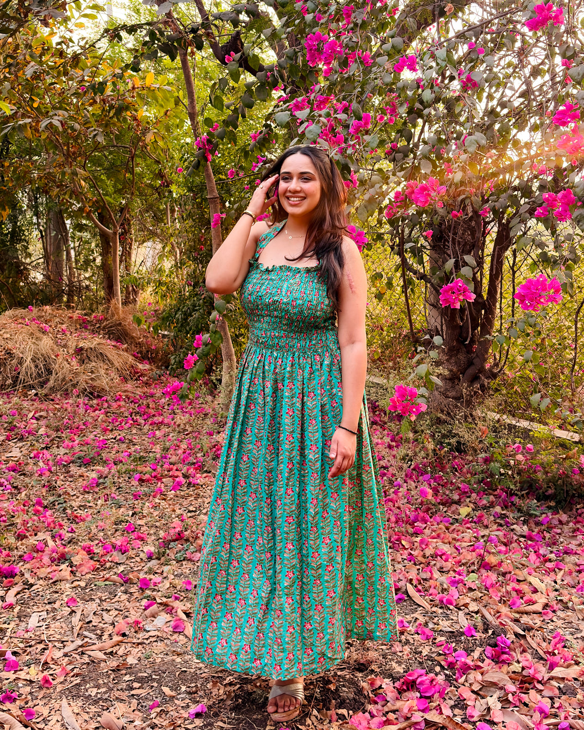 Emerald Bloom Smocked Maxi Dress